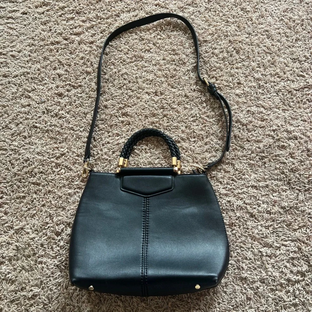 Miztique Black Textured Vegan Leather Satchel Braided Handle Crossbody Bag